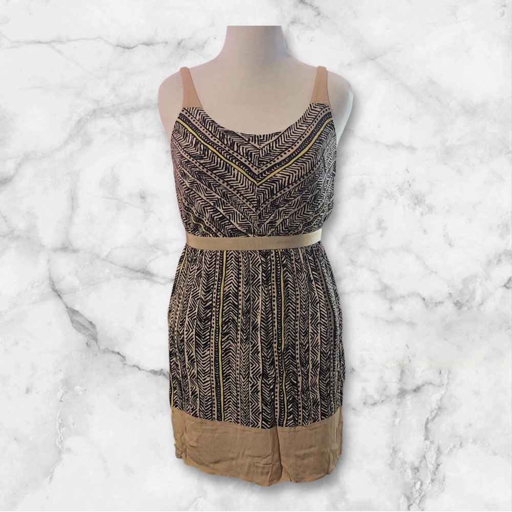 LOFT Black and Tan Geometric Mini Dress